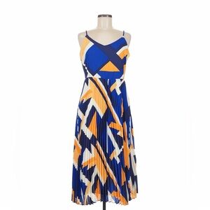 NWT Skies Are Blue Pleated Midi Dress in Geometric Navy Blue & Mango Size Large